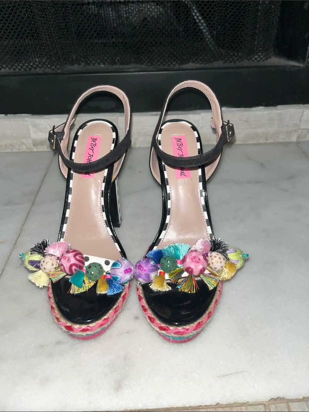 Betsey Johnson Black Multicolor Pom-Pom Tassel Wedge Sandals